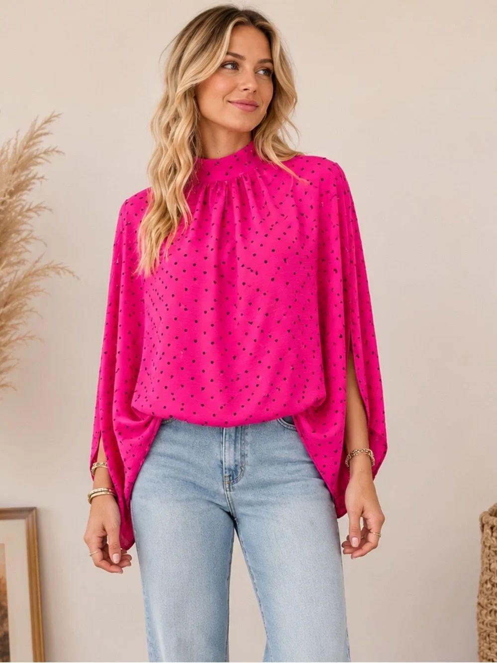 Women's Hot Pink Heart Polka Dot Mock Neck Blouse